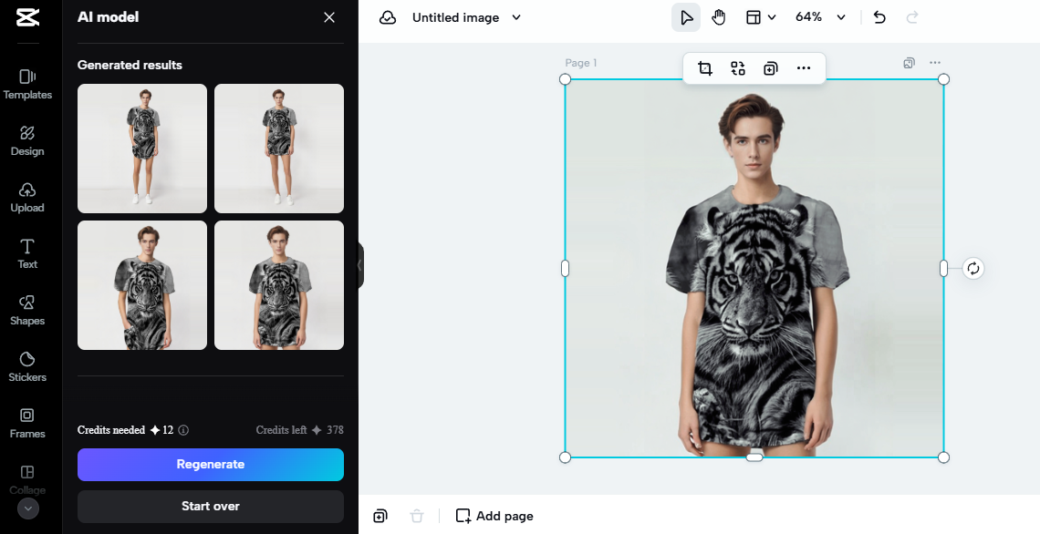 AI-generated T-shirt design in CapCut with a black and white tiger print, ideal for print-on-demand and Etsy dropshipping. 